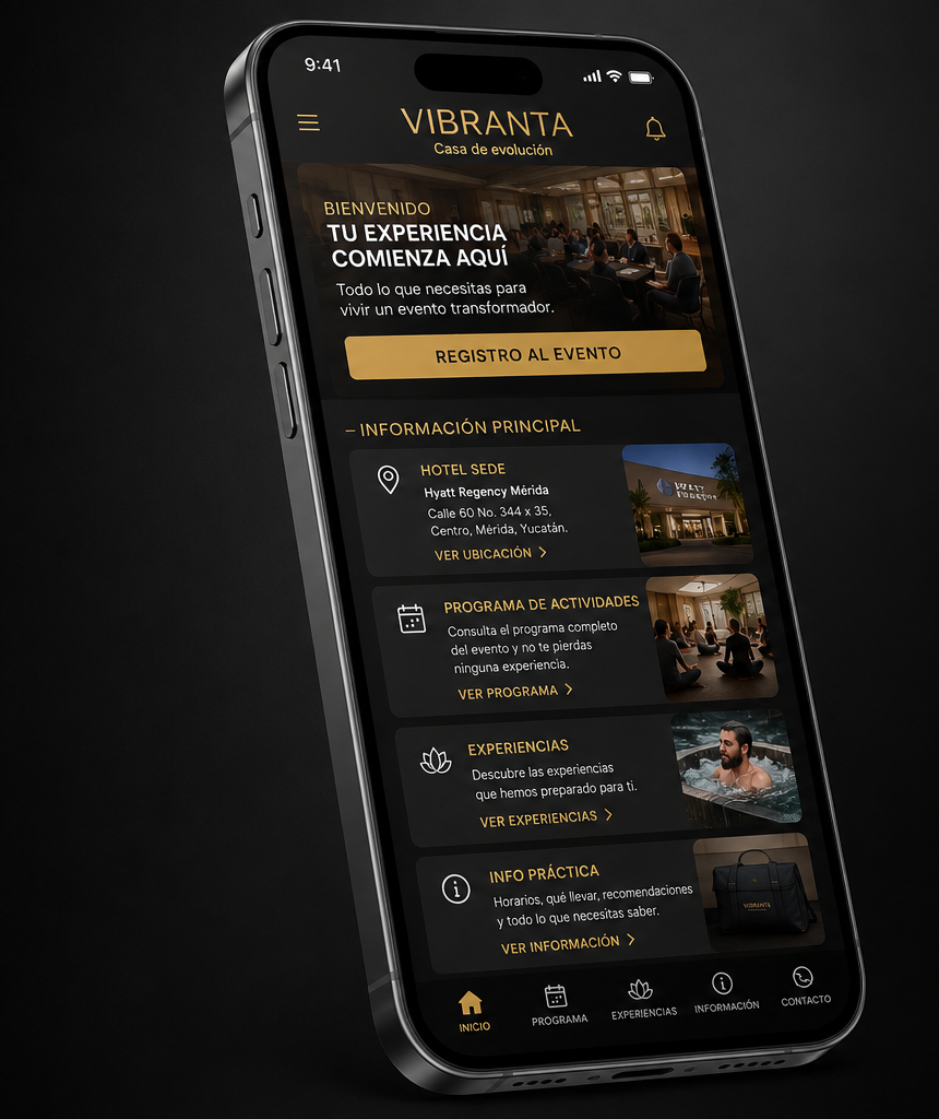 Mockup de web app personalizada para evento corporativo con registro, hotel sede y programa de actividades